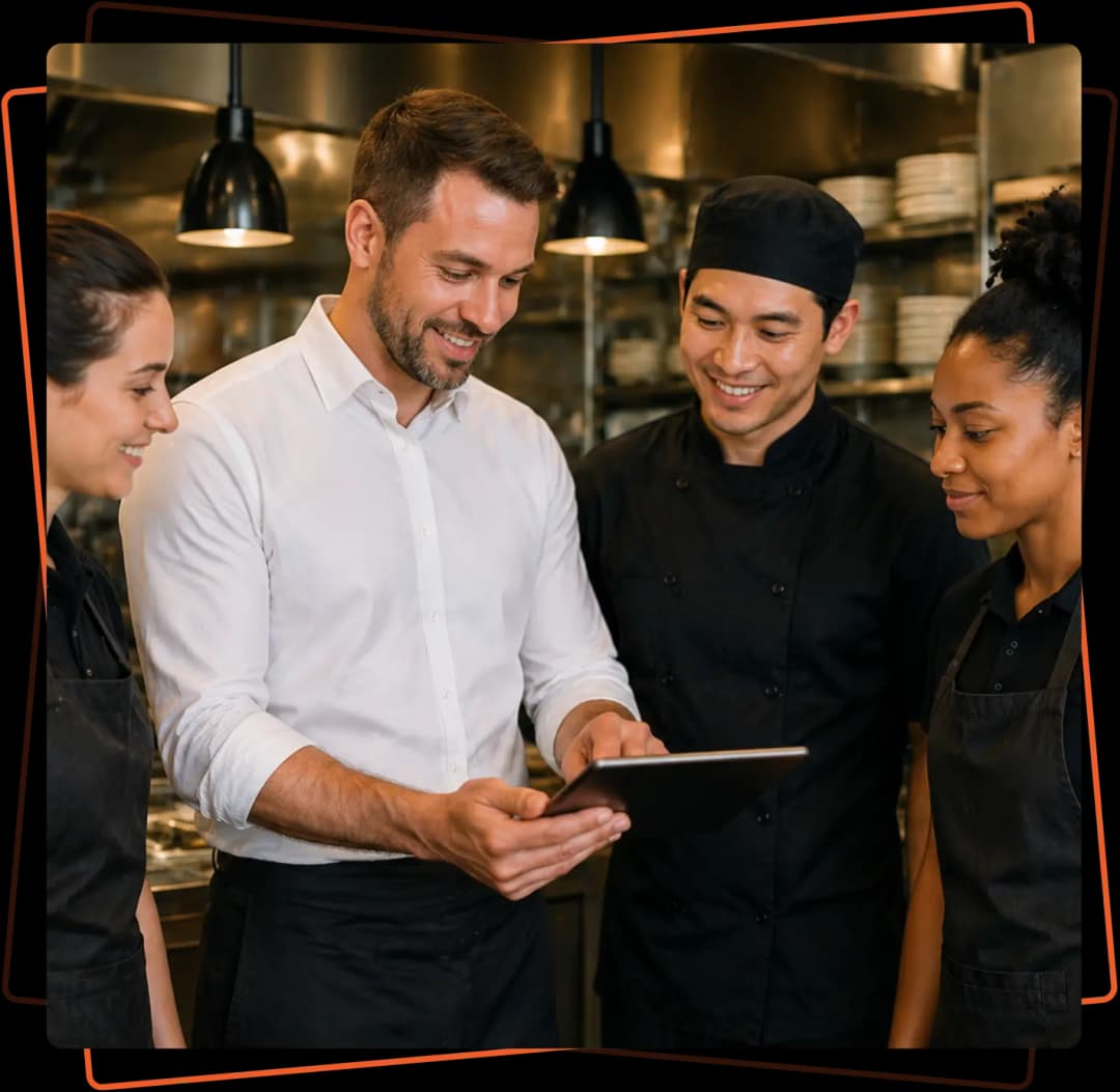 Restaurant team using digital tools in a kitchen