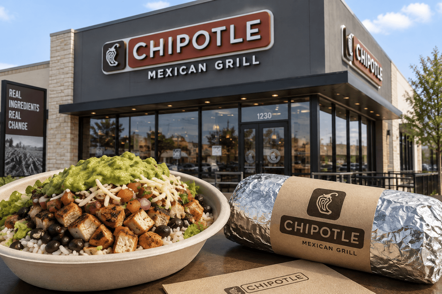 Chipotle Location from outisde with their chicken bowl on the side. Also, have burrito picture with Chipotle label on…