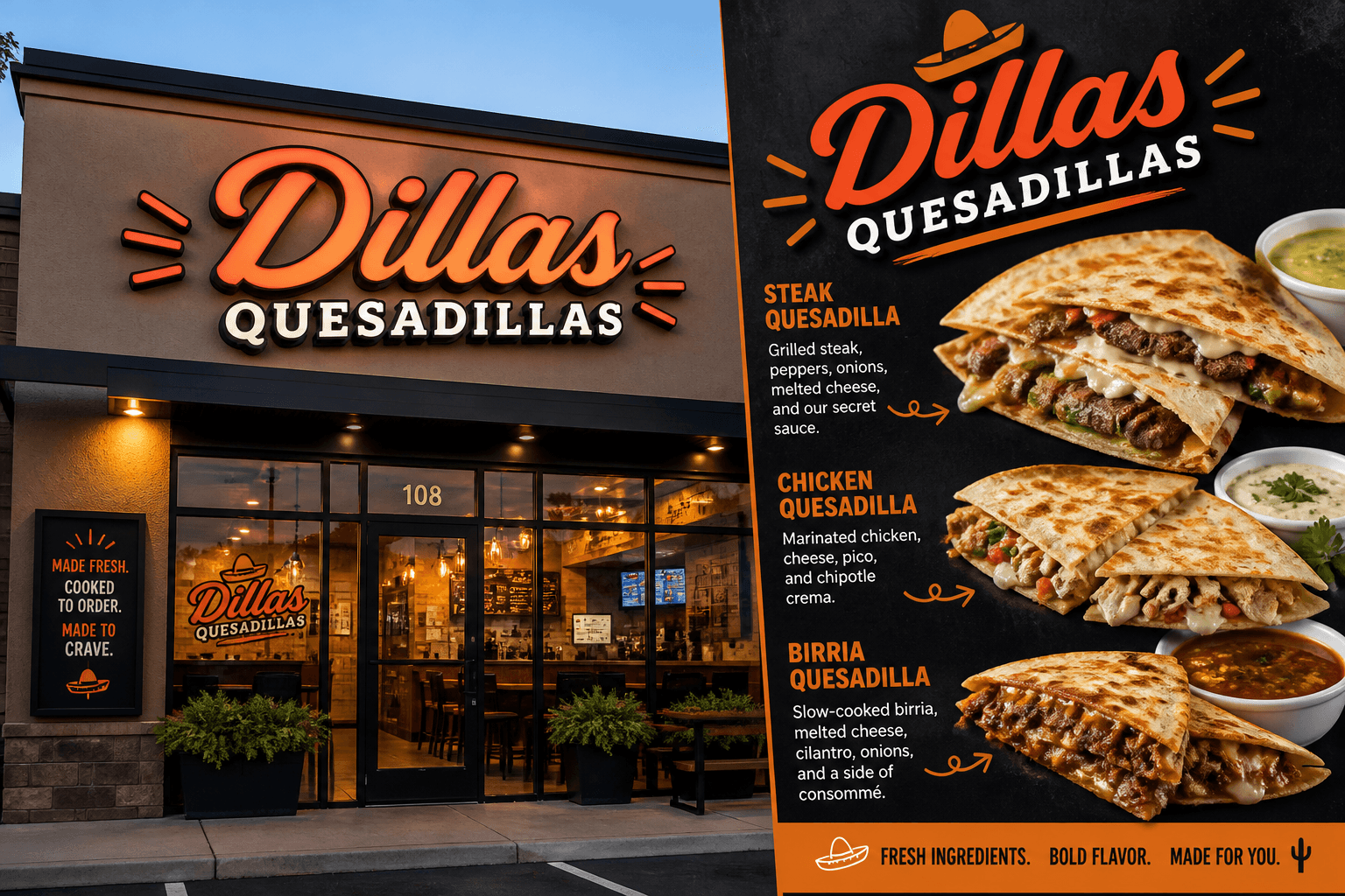 Dillas Quesadillas Restaurant from outside or some kind of an image that shows both name and food items