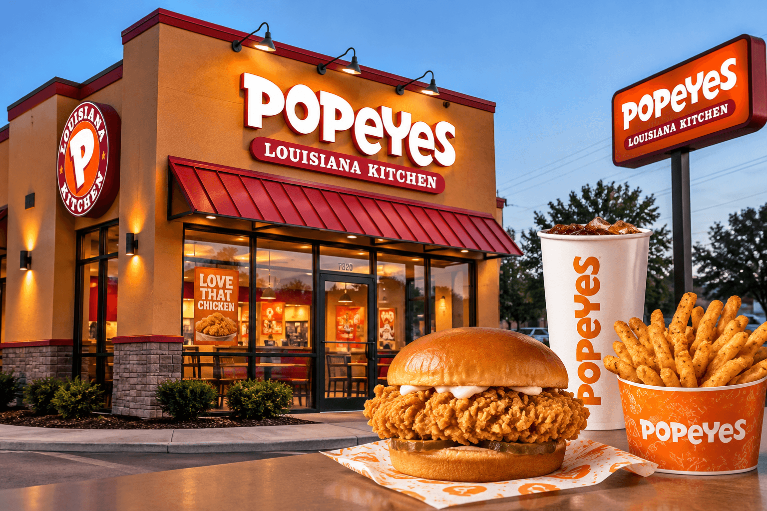 Popeyes restaurant from outside and a couple of their items like burger, fries, drinks on the side of that image